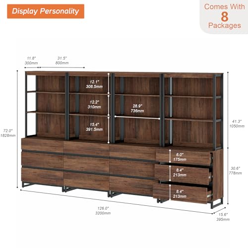 WAMPAT 4 PCS Modern 72" Tall Bookshelf with 6 Drawers and Open Book Shelves, Library Bookcase with Storage Cabinet and Metal Base, Wood Freestanding Bookshelves for Home Office, Living Room, Brown - color: Brown-b, size: 4 PCS