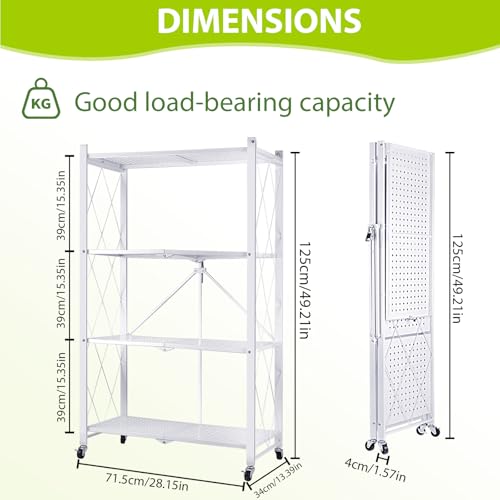 4-Tier Foldable Storage Shelf with Wheels, Metal Collapsible Shelving Unit, Heavy-Duty Rolling Cart for Kitchen Pantry Garage Office, Pre-Assembled Organizer Rack – White - size: 4-Tier White