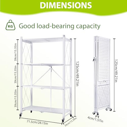 4-Tier Foldable Storage Shelf with Wheels, Metal Collapsible Shelving Unit, Heavy-Duty Rolling Cart for Kitchen Pantry Garage Office, Pre-Assembled Organizer Rack – White - size: 4-Tier White