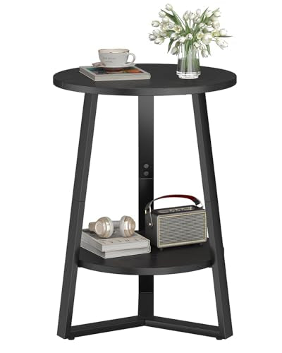sthmec Small Round End Table, 2 Tier Side Table with Storage Shlef,Coffee Table Wooden Tabletop & Metal Frame,Round Accent Table Small Nightstands Couch Tables for Bedroom,Livingroom, Black - color: Black