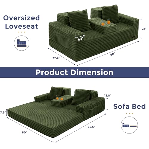 MAXYOYO Sofa Bed, 80-Inch Oversized Boneless Loveseat, 2 Cup Holders | Striped Green 4-in-1 Boneless Couch Converts Into a Floor Sofa or Chair; Sofa-in-a-Box Design Requires No Assembly. - color: Striped Green, size: Oversized(80" Length)