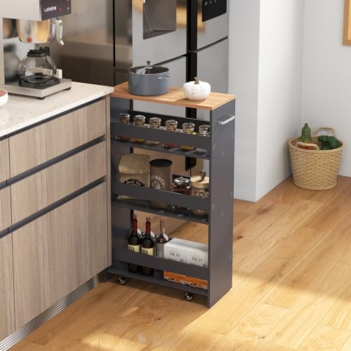 GIANTEX 4-Tier Rolling Slim Storage Cart, 8" Narrow Slide Out Kitchen Cart | Space-Saving Compact Mobile Utility Trolley with Handle & Open Shelves for Small Space, Laundry Room (Grey & Natural) - color: Grey & Natural, size: 8"W