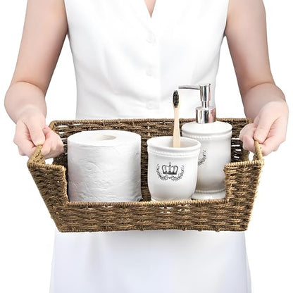 2 Pack Open Front Storage Baskets, Built-in Handles | Brown Paper Rope Woven Basket, 13''L x 10''W x 5''H Pantry Organzier Bins for Shelf, Bedroom, Pantry