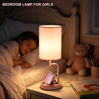Dreamholder 2 Pack Table Lamp, Bedside Lamp with 3 USB Charging Ports & AC Outlet, USB Desk Lamp with 2 Phone Holders, Linen Fabric Shade Nightstand Lamps for Bedroom Living Room Office, Pink - color: Pink