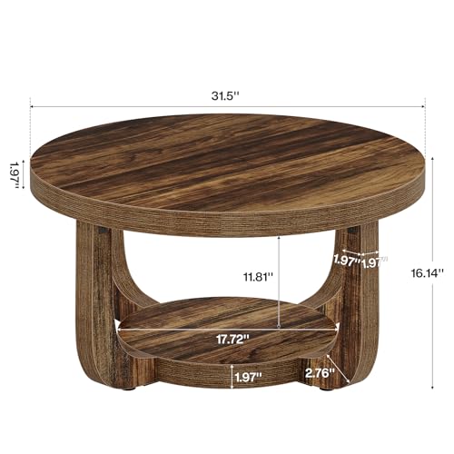 Tribesigns Round Coffee Table, 2-Tier Circle Coffee Table with Storage, Modern Wooden Accent Center Table for Living Room, Thick Tabletop & Base, Dark Brown - color: Brown