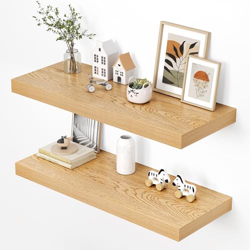 Dreamland 36" Floating Shelves for Wall, 12" Deep Thicker Oak Floating Shelves, Wall-Mounted Shelves for Bedroom, Living Room, Kitchen, Bathroom - Set of 2 - color: Oak, size: 36"W x 12"D x 2"H, Set of 2
