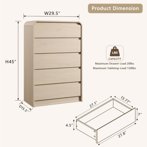 Aitjunz Modern 5 Drawers Dresser for Bedroom, 45" Tall Dressers, Cream | Wood Dressers & Chests of Drawers w/Curved Profile Design, Mid Century Vertical Dresser with Handleless Design for Bedroom - color: Cream, size: 15.5"D x 29.5"W x 45.3"H (5 Drawers)
