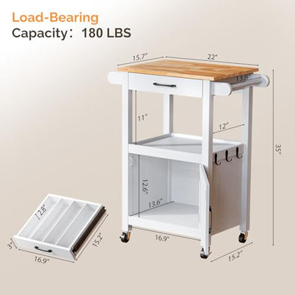VINGLI Small Kitchen Island on Wheels, Microwave Cart with Drawer & Storage, Barn Door Coffee Station Stand with Hooks & Shelves, Unique White - size: 33"