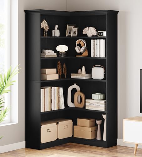 IDEALHOUSE Corner Bookshelf 72.8in Farmhouse Bookcase Large Bookshelf Wood Bookcase Tall 5 Tier Corner Shelf L Shaped Bookshelfs Storage Display Rack Living Room Bedroom (Black Full Panel) - color: Black, size: Full Panel