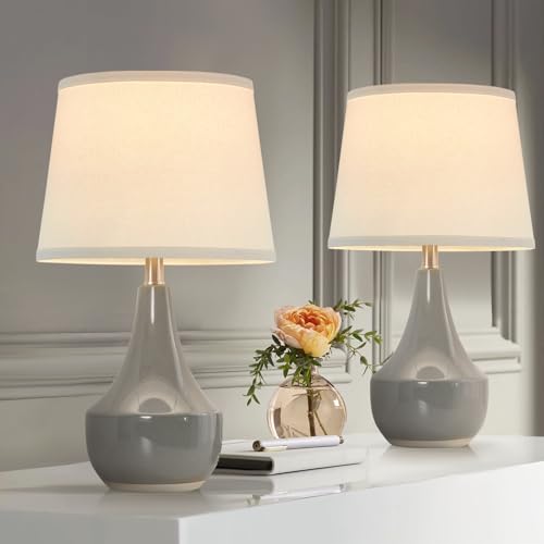 18" Table Lamp Set of 2, Ceramic Table Lamp Classic Beside Lamps Nightstand Lamp Modern Lamp for Living Room, Bedroom & Office Rocker Switch Grey-LED Bulbs Included - color: 18.63" Grey