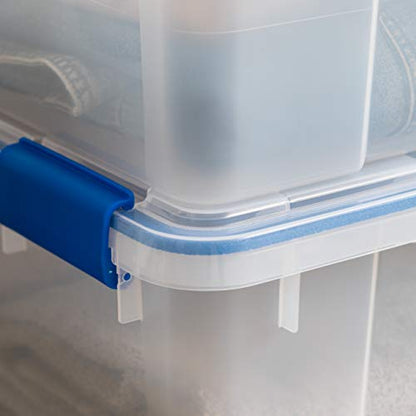 IRIS USA 4-Pack 26.5/44 Combo Qt Storage Bins with Gasket Lids, Clear/Blue | WeatherPro seal helps block dust and moisture Multiple sizes organize every room with confidence - size: 27 & 44 Qt. Combo