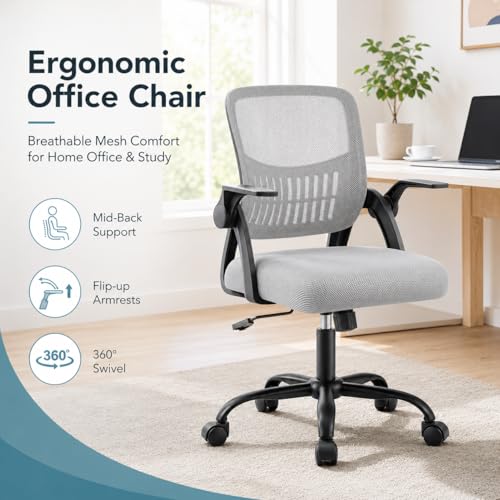 Ergonomic Office Chair, Home Office Desk Chair, Breathable Mesh Desk Chair with Adjustable Lumbar Support and Flip-up Armrests, Game Chairs, 360° Swivel Desk Chairs for Conference, Meeting Room(Grey) - color: Grey