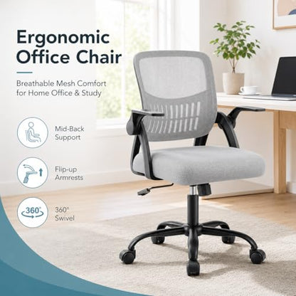 Ergonomic Office Chair, Home Office Desk Chair, Breathable Mesh Desk Chair with Adjustable Lumbar Support and Flip-up Armrests, Game Chairs, 360° Swivel Desk Chairs for Conference, Meeting Room(Grey) - color: Grey