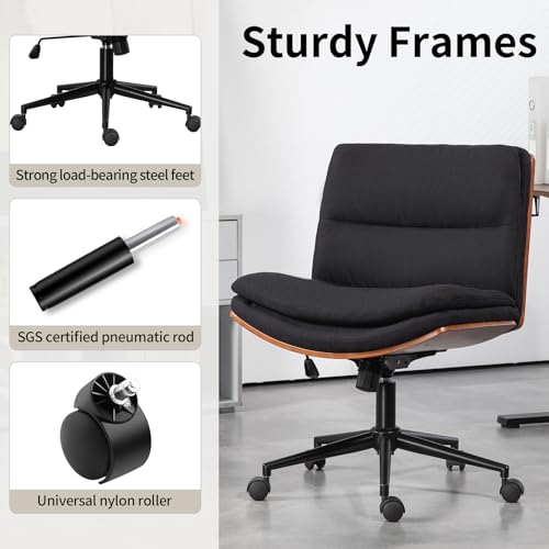 Armless Modern Walnut Office Desk Chair with Wheels, Adjustable Wide Swivel Task Chair, Ergonomic Cross Legged Fabric Chair for Conference Room, Home Office (Black) - color: Black (Linen)