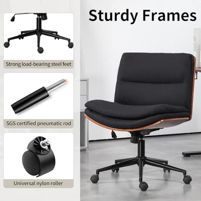 Armless Modern Walnut Office Desk Chair with Wheels, Adjustable Wide Swivel Task Chair, Ergonomic Cross Legged Fabric Chair for Conference Room, Home Office (Black) - color: Black (Linen)
