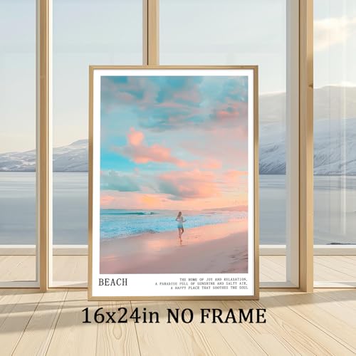 Pink and Blue Coastal Wall Art Cute Preppy Summer Pictures Aesthetic Summer Posters Trendy Beach Pictures Blue Ocean Painting Coastal Cowgirl Artwork Beach Wave Picture for Home Room 16x24in Frameless - color: C2Unframed