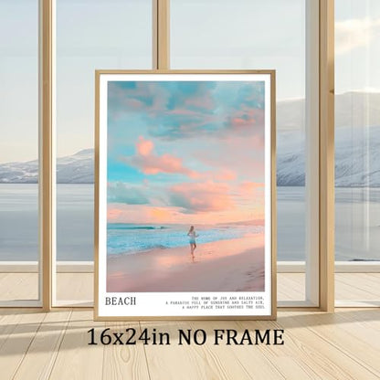 Pink and Blue Coastal Wall Art Cute Preppy Summer Pictures Aesthetic Summer Posters Trendy Beach Pictures Blue Ocean Painting Coastal Cowgirl Artwork Beach Wave Picture for Home Room 16x24in Frameless - color: C2Unframed