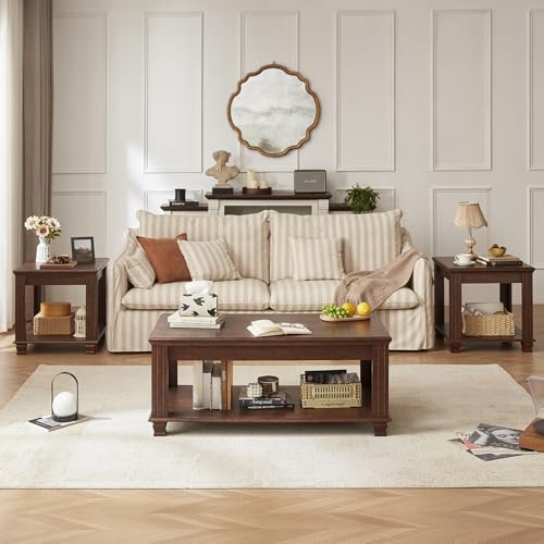 Farmhouse Coffee Table Set of 3, Walnut | Rustic Wood 3 Piece Coffee and End Table Sets with Open Shelf for Living Room - color: Walnut