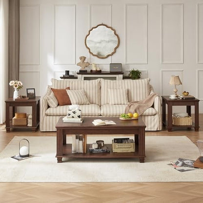 Farmhouse Coffee Table Set of 3, Walnut | Rustic Wood 3 Piece Coffee and End Table Sets with Open Shelf for Living Room - color: Walnut