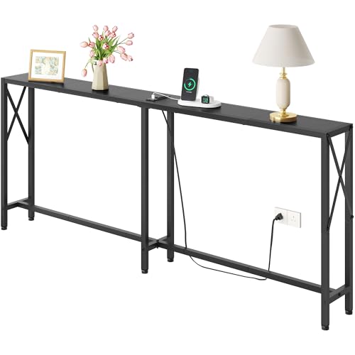 Gewudraw 70" Sofa Table Behind Couch with Socket-Narrow Console Table,Black | Industrial Style, Long Skinny Design,Couch Table For Hallway,Living Room,Bedroom, Built-In Power Outlets & USB, 172cm Length - color: Black, size: 70 in