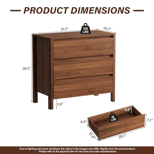 Furniway 31.5" Mid-Century Modern Dresser for Bedroom, 3 Drawer Small Chest of Drawers with Wood Legs, Large Storage Bedroom Dresser, Walnut - size: 3 Drawers