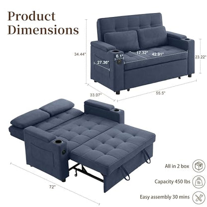 Korser 55.5'' 3-in-1 Convertible Sofa Bed, Pull Out Couch with 5-Position Adjustable Backrest, Loveseat Sleeper Sofa for Small Spaces, Sofa Couch with Cup Holders for Living Room, Office, Chenille - color: Dark Blue