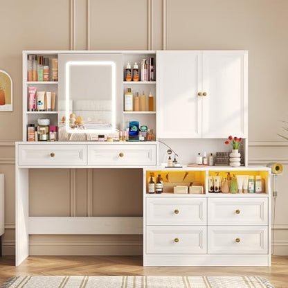 Vabches 58.6" Large Vanity Desk with Sliding Mirror & Lights, White | Makeup Vanity Table & Nightstand Combo with Power Outlet and 6 Drawers 15 Shelves with Light Strips for Bedroom