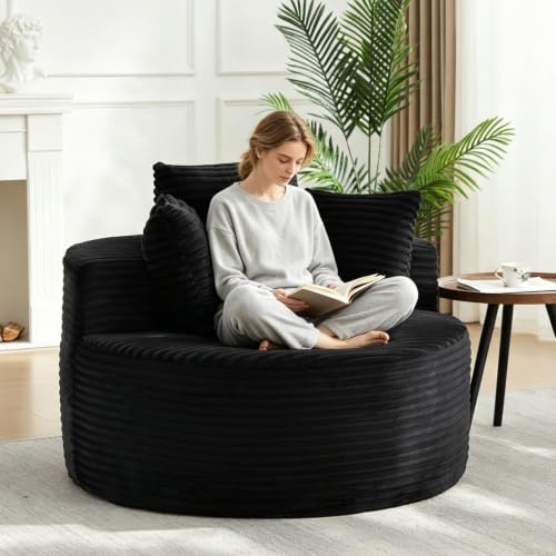 Round Chaise Lounge Chair Indoor, 43" Corduroy Circle Single Cloud Reading Chairs Modern Upholstered Boneless Sofa for Living Room, Bedroom Apartment, Black - color: Black, style: 43"Corduroy