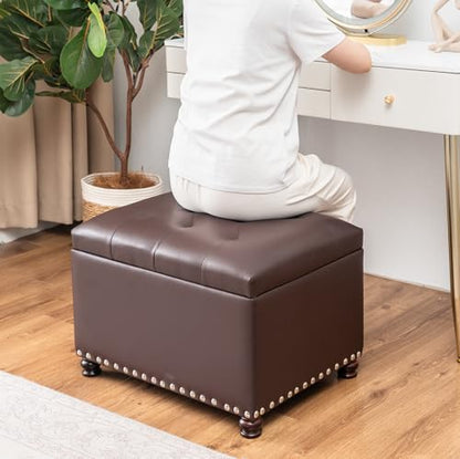 Faux Leather Storage Ottoman Bench Rectangle 24 Inch Foot Rest Ottomans (Brown) - color: Brown