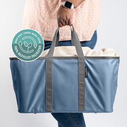 CleverMade Collapsible Laundry Tote, 50L Carry-All Tote, 2 Pack, Denim | Carry a Full Load with One Hand | Long Center Handles Balance 55 lb, While the Steel Rim Holds Shape and Folds Flat - color: Denim Gray