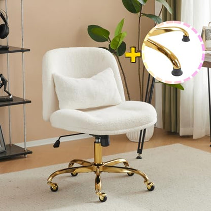 VINGLI Wide Criss Cross Legged Office Chair,Buttprint Ergonomic Desk Chair Comfy with Pillow&Gold Base,Dual-Use with/no Wheels,Adjustable Vanity Swivel Chair for Bedroom,Home Office,Teddy Fleece,White - color: Cherished White