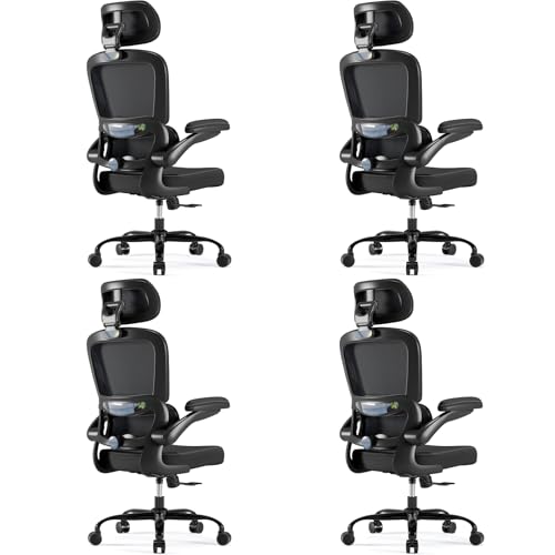 TRALT Ergonomic Office Chair Desk Chair with Adjustable Lumbar Support | Home Office Desk Chairs with Flip-up Armrests & 3D Headrest - Mesh Gaming Chair for Adults, 330lbs, PU Leather (Black, 4) - color: Black, size: Pack of 4