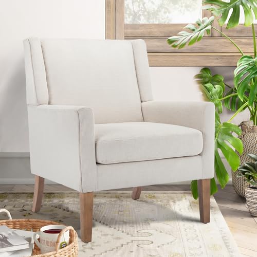 COLAMY Modern Wingback Living Room Chair, Upholstered Fabric Accent Armchair, Single Sofa Chair with Lounge Seat and Wood Legs for Office/Bedroom/Reading Spaces, Beige - color: Beige, size: Set of 1