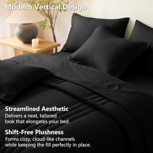 Super King Plus Comforter Set Black - Oversized 128x120 Bed Set | Maximum King-Bed Coverage, 240GSM Down-Alternative Fill, 14" Deep-Pocket Sheets, Shams & Pillowcases, Lightweight - color: Black, size: Super King Plus