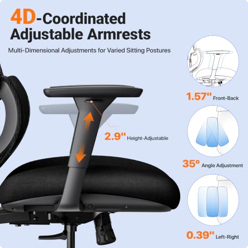 Black Ergonomic Mesh Home Office Chair, Big & Tall Gaming Chair - High-Adjustable Lumbar Support, 4D Armrests, 2D Headrest, 90°~135° Tilting with Lock, Swivel Desk Chairs 600lb Capacity