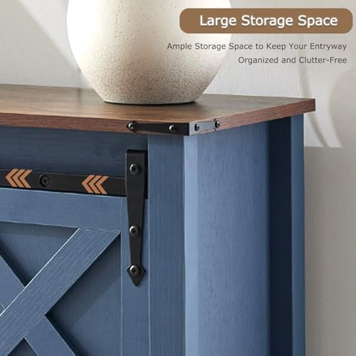 Farmhouse Entryway Table with Sliding Barn Doors, Wood Console Table with Storage Shelf, Rustic Sofa Table for Living Room, Entryway, Foyer, Blue - color: Blue
