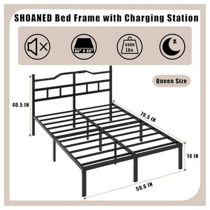 SHOANED Bed Frame with Charging Station - 14 Inch Queen Size Heavy Duty Metal Bedframe with Headboard Black Basic Steel Slats Platform No Box Spring Needed - size: Queen, style: 14 Inch with Charging Station