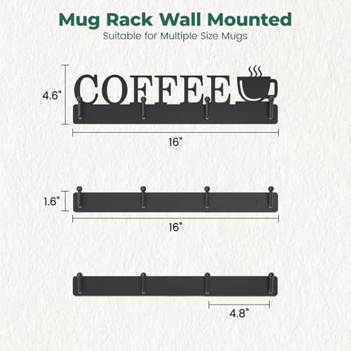 EsLuker.ly Mug Holder Rack Coffee Cup Hanger Wall Mount, 3 Pack Black | Metal Wall Cup Shelf Organizer Stand with 12 Hooks, Fits Most Mugs Display for Home Kitchen, Space-Saving Coffee Bar Enhancer - style: Upgrade 12 Hooks