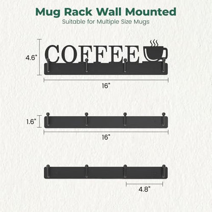 EsLuker.ly Mug Holder Rack Coffee Cup Hanger Wall Mount, 3 Pack Black | Metal Wall Cup Shelf Organizer Stand with 12 Hooks, Fits Most Mugs Display for Home Kitchen, Space-Saving Coffee Bar Enhancer - style: Upgrade 12 Hooks