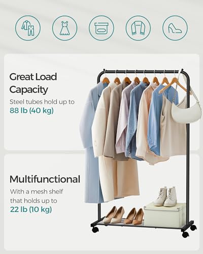 SONGMICS Clothes Rack with Wheels, Clothing Rack for Hanging Clothes, 25.4 mm Metal Garment Rack with Dense Mesh Storage Shelf, 110 lb Load Capacity, 2 Brakes, Black UHSR25BK - color: Black, style: Single Rod