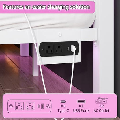 CLIBFENG Queen Size Bed Frame with Headboard and Footboard,Steel Slats Support-LED Bed Frame with USB Charging Station,Mattress Foundation-Under Bed Storage,No Box Spring Needed,Noise Free,White - size: Queen, style: White