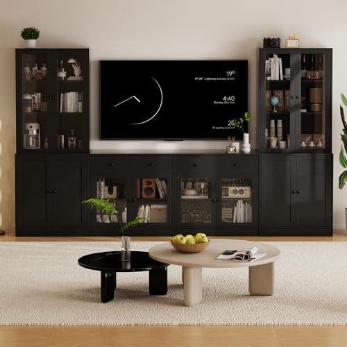 TUSY 71" TV Stand Storage Set - 2 Tall Bookcases & 2 Side Cabinets, Media Console with Glass & Wood Doors, Entertainment Center with Drawers, Tall Media Console for Living Room (Black, AFFA) - color: Black