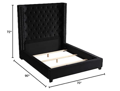Jaclyn Upholstered Low-Profile Platform Bed Frame, Black - Queen | Velvet Fabric, 70" Tall Straight Edge Headboard, Button Tufting, Nailhead Trim, Transitional Style - color: Black, size: Queen (U.S. Standard)