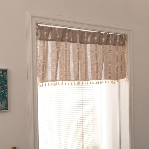 Deeprove Taupe Boho Valance Tassels Linen Kitchen Short Embroidered Curtain. Farmhouse French Cottage Rustic Small Window Treatment for Cafe Closet Laundry Dining Restaurant 1 Panel W52 x L18 - color: Taupe, size: 52"W x 18"L (Pack of 1)