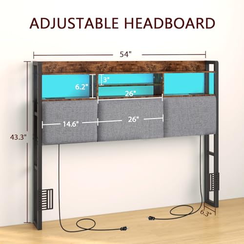 Headboard for Full Size Bed with Charging Station and LED Light | Full Bed Upholstered Head Board with Storage Shelves, Full Size Headboard with Power Outlets, Height Adjustable, Brown - size: Full
