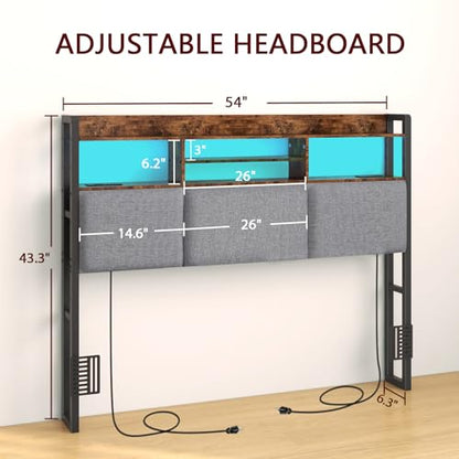 Headboard for Full Size Bed with Charging Station and LED Light | Full Bed Upholstered Head Board with Storage Shelves, Full Size Headboard with Power Outlets, Height Adjustable, Brown - size: Full