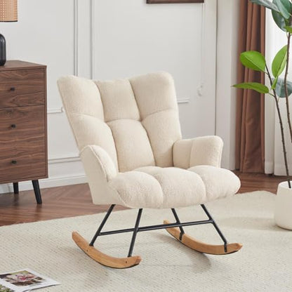 Rocking Chair Nursery Teddy Upholstered Glider Rocker Rocking Accent Chair Padded Seat with High Backrest Armchair Comfy Side Chair for Living Room Bedroom Offices (Ivory Teddy) - color: Ivory