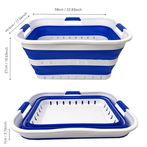 SAMMART 42L (11 gallon) Collapsible Plastic Laundry Basket - Foldable Pop Up Storage Container/Organizer - Space Saving Hamper/Basket (1, White/Dark Blue) - color: White/Dark Blue