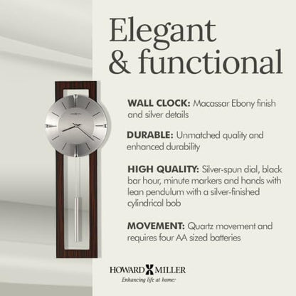 Howard Miller Mela Wall Clock with Pendulum | Wooden Frame, Silver Dial, Analog Quartz | Modern Minimalist Decor for Living Room, Office