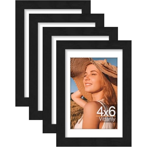 Vittanly 4x6 Picture Frames Set of 4, for Wall or Tabletop Display, Black | Display Pictures 3.5x5 with Mat or 4x6 without Mat, Engineered Wood with Shatter Resistant Plexiglass, Small Photo Frames - color: Black, size: 4x6